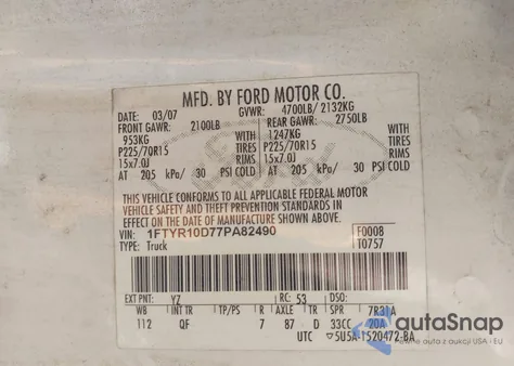 2007 Ford Ranger Stx/Xl/Xlt z USA, uszkodzony, nr VIN 1FTYR10D77PA82490